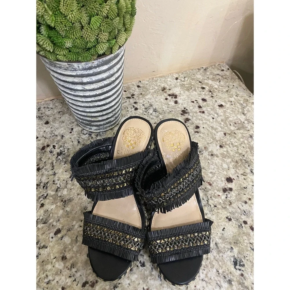 Vince Camuto Black Woven Wedge Sandals Tribal Fringe Studded Embellished Slip On